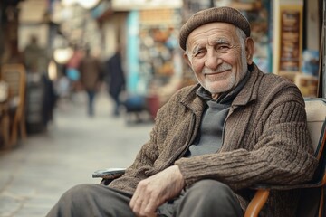 An old man in Turkey with a kind smile relaxes in a quiet street, soft and warm vibe.