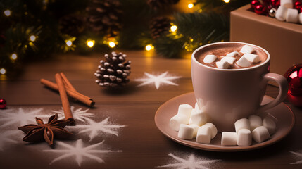 Hot Chocolate with Marshmallows and Christmas Decorations