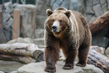 Fototapeta premium A brown bear is standing on a rock in a zoo enclosure