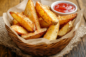 Delicious Crispy French Fries with Ketchup Dip, Perfectly Fried Golden Potato Sticks in a Basket, Classic Side Dish, Savory Comfort Food, Mouthwatering Snack for Casual Dining or Takeout