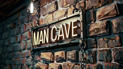 A sign hanging from a brick wall that says Man Cave