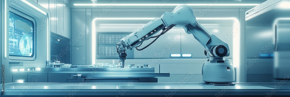 Fototapete in a high-tech laboratory, a robotic arm precisely assembles intricate machinery amidst glowing pane