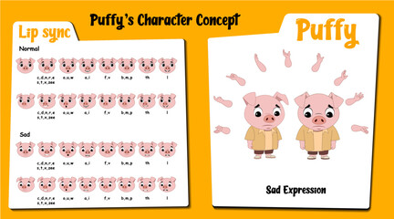 A sad pig cartoon character AKA Puffy. Little piggy cartoon vector. Sad face expressions and lip sync. Set of cute piggy with various hand gesture and front and 1/3 standing pose. © characterbazaar