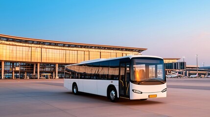 Airport transfer depicting a shuttle bus parked beside a modern airport terminal with expansive glass windows a crisp