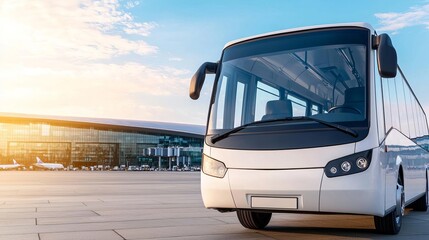 Airport transfer depicting a shuttle bus parked beside a modern airport terminal with expansive glass windows a crisp