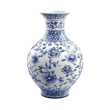 Elegant blue and white porcelain vase with floral designs displayed on a transparent background