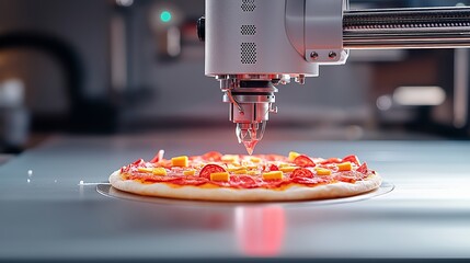 A high-tech pizza printer creates a delicious pizza topped with fresh ingredients in a modern...