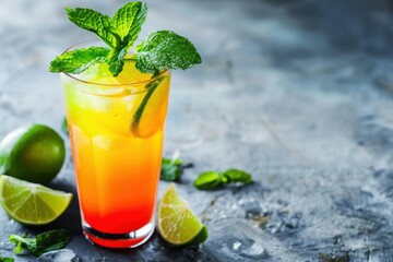 Mint Tequila Sunrise with extra mint leaves and lime, served in a tall glass, cool and refreshing background, copy space