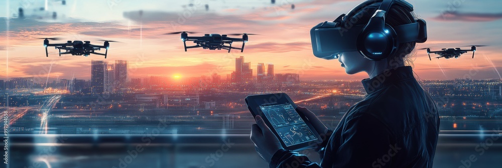 Aufkleber A drone pilot expertly manages a fleet of futuristic drones using a touchpad in a sophisticated control center at dusk. Generative AI