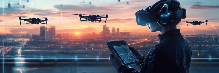 A drone pilot expertly manages a fleet of futuristic drones using a touchpad in a sophisticated control center at dusk. Generative AI