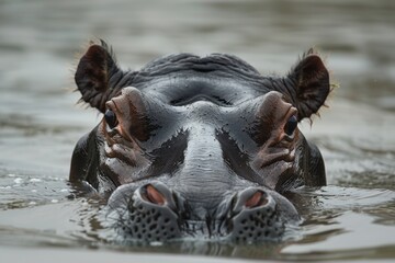 Fototapeta premium A hippo is swimming in the water with its head above the surface