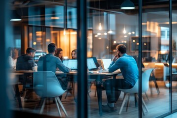Collaborative team meeting inside a modern office with glass walls during the late afternoon