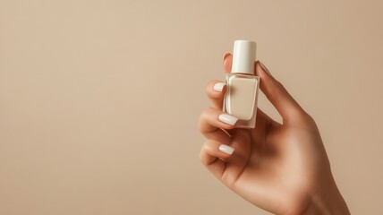 Young Woman hands hold Neutral color nail polish bottles,Creative flat lay of fashion bright nail polishes,Minimal style,Nude tones color,Beauty blogger concept,beauty,fashion,Copy space.