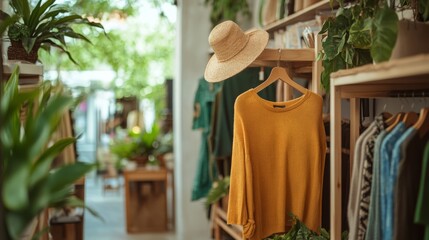 A cozy shop showcasing vibrant clothing and lush plants, creating a warm and inviting atmosphere.