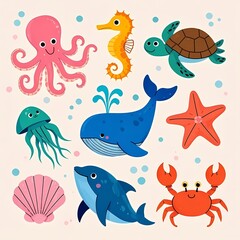 Cute cartoon marine animals of 9 different species, including octopus, starfish, seahorse, turtle, whale, squid, crab, shell, dolphin, with a white background and simple illustration style for childre