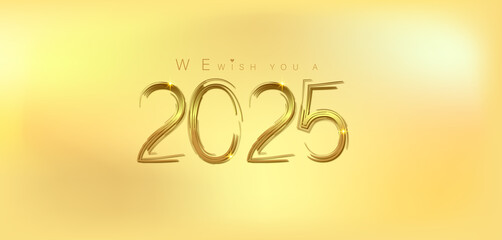 A festive gold background featuring elegant golden numbers celebrating the arrival of the New Year 2025