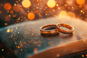 Two wedding golden rings on a bible page.