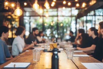 Team members collaborating in a bright, modern workspace with hanging lights during a productive brainstorming session