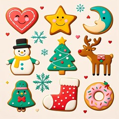 Naklejka premium Cute cartoon Christmas cookies, including hearts, pentagrams, Christmas trees, moon, dolls, bells, snowmen, deer, socks, donuts, white background flat