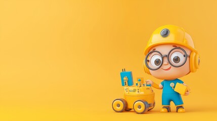 A cheerful cartoon child in safety gear, playing with a toy robot on a bright yellow background, promoting creativity and fun.