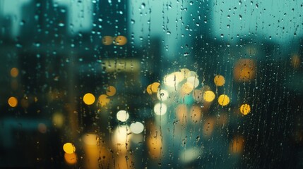 A blurred view through a rain-soaked window, showcasing city lights and a moody atmosphere.