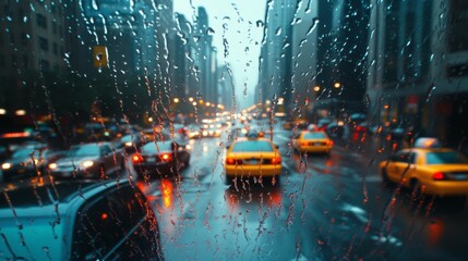 Obraz premium A rainy urban scene with yellow taxis navigating busy streets, blurred by drops on a window, creating an atmospheric, moody ambiance.