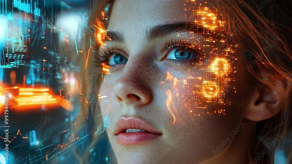 Poster a woman gazes at glowing digital displays, seamlessly integrating technology and human expression in