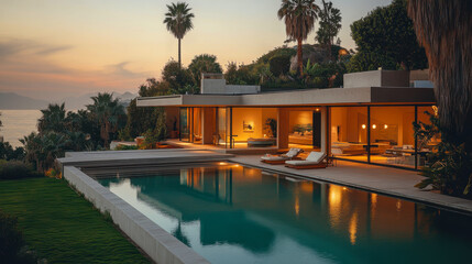 Fototapeta premium Stylish California Living: Modern Luxury Home with Pool, Palm Trees, and Ocean at Sunset