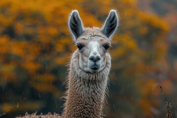 Obraz premium A llama is standing in the rain with its head held high