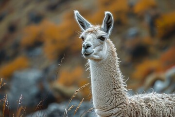 A white llama is standing in a field of tall grass