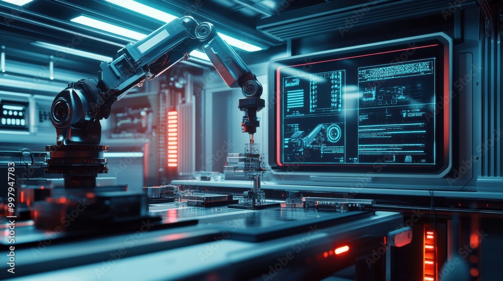 Fototapete a robotic arm skillfully constructs complex machinery amidst high-tech equipment and illuminated dis