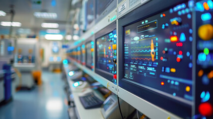 Advanced Medical Monitoring Equipment in Modern Hospital ICU with Displayed Vital Signs Data, High-Tech Healthcare Technology for Patient Care and Treatment, Bright and Clean Medical Facility