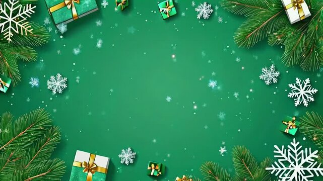 Green Christmas Background with Gifts and Snowflakes