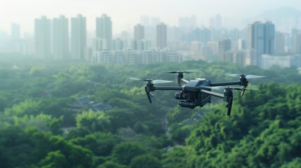 Drone Soaring Above Cityscape: A black drone with a camera flies over a lush green forest, capturing a breathtaking panorama of a modern city with towering skyscrapers in the background.