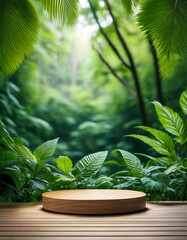 stage wooden podium floor in outdoors tropical garden forest blurred green concept with leaf plant nature background,Product showcase.Generative AI