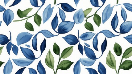 A vibrant pattern of blue and green leaves on a white background creates a fresh and lively botanical design.