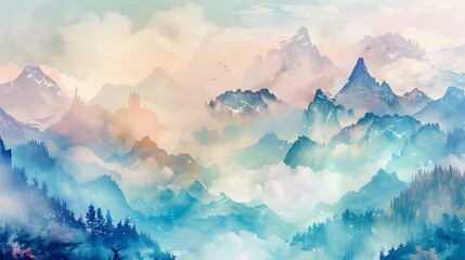 A dreamy watercolor painting of a mountain landscape with soft, flowing colors and misty clouds drifting over the peaks, evoking a sense of peace. 8k UHD, suitable for high-quality printing 