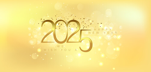 A festive gold background featuring elegant golden numbers celebrating the arrival of the New Year 2025