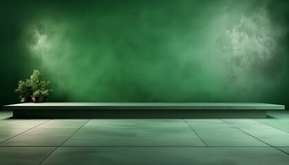 Studio with podium for product presentation. Empty floor and green wall with stand. 3D room with gradient background. Countertop with concrete or marble texture

