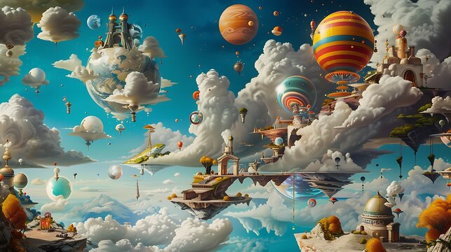 A surrealist painting combining unexpected elements like floating objects, abstract shapes, and vivid colors, creating a whimsical and imaginative world. 8k UHD, suitable for high-quality printing 