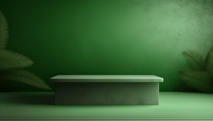 Studio with podium for product presentation. Empty floor and green wall with stand. 3D room with gradient background. Countertop with concrete or marble texture

