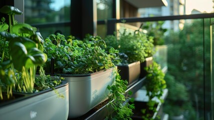Urban Oasis: A balcony herb garden thrives in a modern cityscape, showcasing a vibrant collection of fresh herbs in sleek planters.  Sunlight streams through the window.