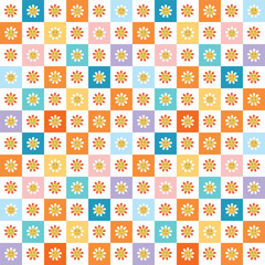 Playful Retro Floral Checkered Seamless Pattern with Colorful Squares and Smiling Flowers in Vector Format for Digital and Print Projects