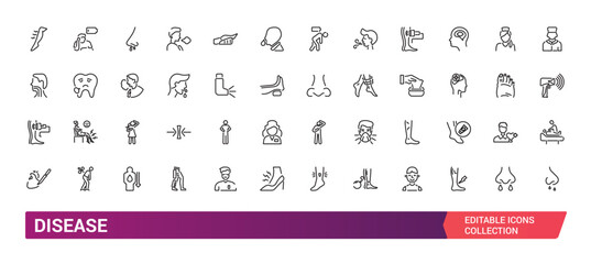 Disease line icon set. Medicine and health line icons. Medicine, doctor, dentistry, allergy, illness, health and more. Linear icon collection. Vector illustration.