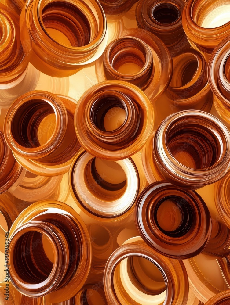 Poster overlapping coffee cup rings in rich brown tones form a striking abstract pattern, showcasing an org