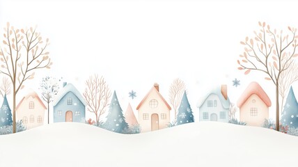 A charming winter scene featuring whimsical houses nestled among snow-covered trees, creating a serene and magical atmosphere against a white background.