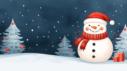 Fototapeta premium A cheerful snowman wearing a red scarf and a Santa hat stands amidst snow-covered trees, surrounded by falling snowflakes and Christmas gifts, creating a festive winter scene.