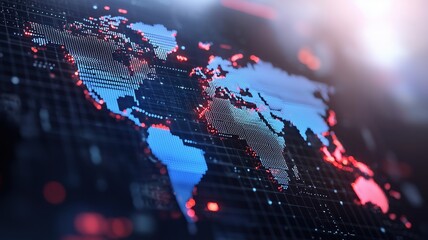 Obraz premium A close-up view of a digital world map with glowing blue and red details, representing modern technology and global connectivity.