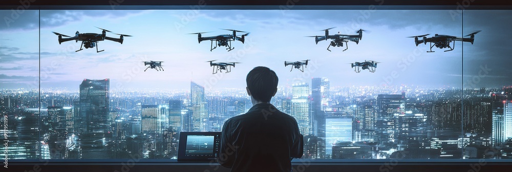 Aufkleber A drone pilot skillfully controls a swarm of advanced drones while observing the vibrant city skyline from a high-tech control center. Generative AI