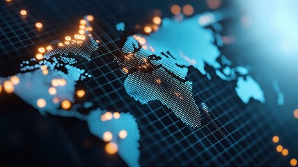 A detailed digital map representation showcasing the global connections and networks. Ideal for illustrating technology and data visualization concepts.